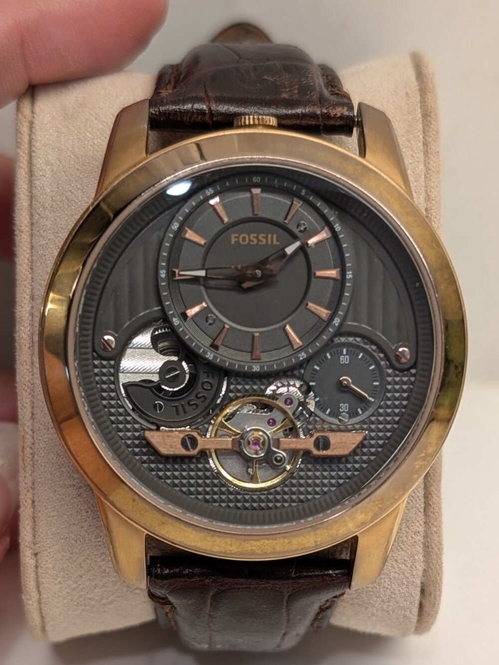 Fossil Men’s Automatic Open Heart Watch Rose Gold Brown Leather Skeleton